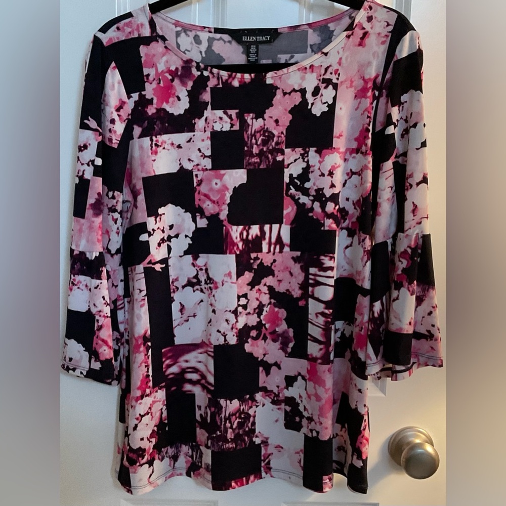 Ellen Tracy Pink and Black Abstract Floral Blouse